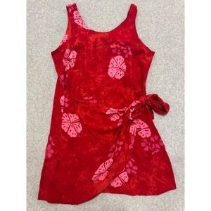 Vintage Young Fashion Red Hibiscus Floral Tie Dye Wrap Mini Dress Womens XL